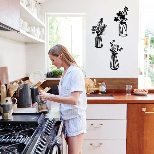 Miniatura 3 de Qzmaikoo 3 piezas de flores de metal negro para decoración de pared, jarrón, esculturas artísticas para colgar en interiores, cocina, baño, comedor