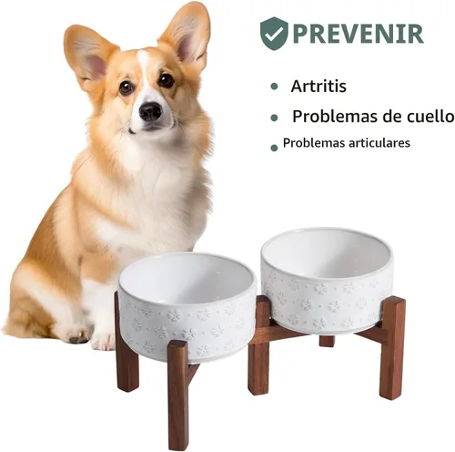 Miniatura 5 de Havniva Cuenco elevado de cerámica para perros de 6.1 pulgadas con soporte antideslizante (madera de acacia), dos opciones de altura, cuenco