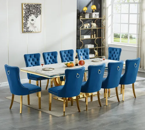 Miniatura 21 de Juego de mesa de comedor grande y moderna de mármol sintético blanco de 94.5 pulgadas, juego de mesa de comedor de 10 piezas con 10 sillas tapizadas