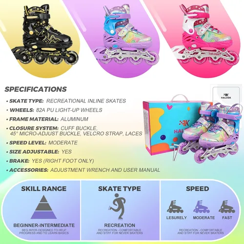 Miniatura 5 de Patines en línea para niñas y niños con ruedas iluminadas, patines de hoja ajustable, estrella de purpurina degradada con forro cómodo transpirable