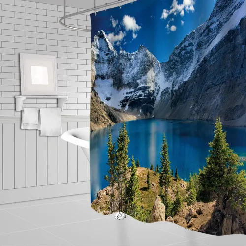Miniatura 2 de Cortina de ducha escénica de montaña, naturaleza, montaña, lago, cielo azul, nube, paisaje, simple, tela para el hogar, juego de decoración de baño