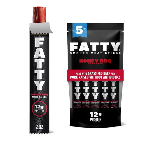 FATTY Palitos de carne, hechos con carne de res alimentada con pasto, cerdo criado sin antibióticos, 11g de proteína por palito, Honey BBQ, Relleno