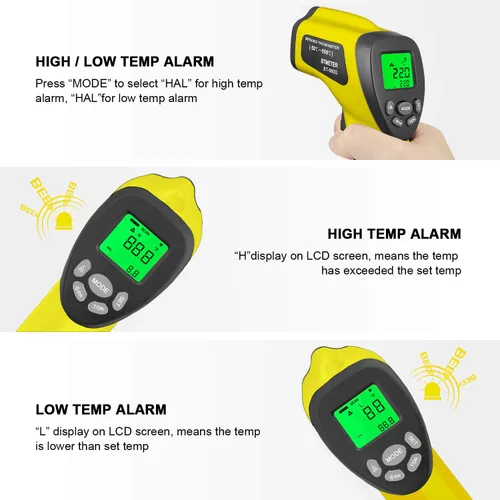 Miniatura 4 de BTMETER BT-980D D:S - Termómetro infrarrojo industrial de mano 12:1, pistola de temperatura láser digital sin contacto para -58℉ a 1022℉