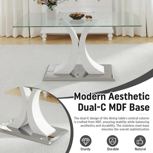 Miniatura 8 de Moderno juego de mesa de comedor rectangular de vidrio para 4, 63 pulgadas, mesa transparente de cocina de lujo con base negra y dorada, 4 sillas