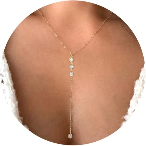 Tewiky Lariat Collar para mujer, delicados collares largos chapados en oro de 14 quilates, corazón y perlas de circonita cúbica, collar con colgante