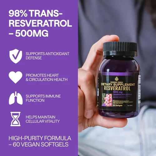 Miniatura 2 de WONDER FAMILY Suplemento de resveratrol 500 mg – Complejo orgánico de 98% de resveratrol trans – NAD Resveratrol antioxidantes y suplemento