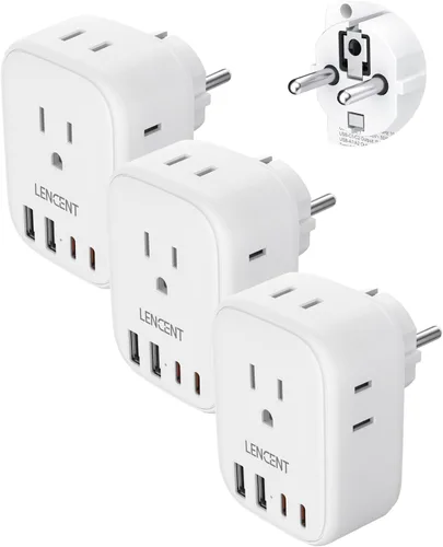 Miniatura 12 de LENCENT - Paquete de 2 adaptadores de enchufe de viaje europeos, enchufe plegable tipo C de Estados Unidos a Europa con 4 tomas, 4 puertos USB