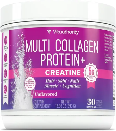 Proteína de colágeno múltiple + creatina | 0.18 oz de monohidrato de creatina con colágeno tipos I, II, III, V y X | Apoyo para el cabello, la piel,