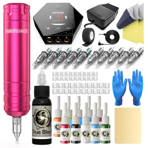 Wormhole Tattoo Kit para principiantes Kit completo de máquina de tatuaje rotativa con 11 piezas de tinta de tatuaje, 10 agujas de cartucho, fuente