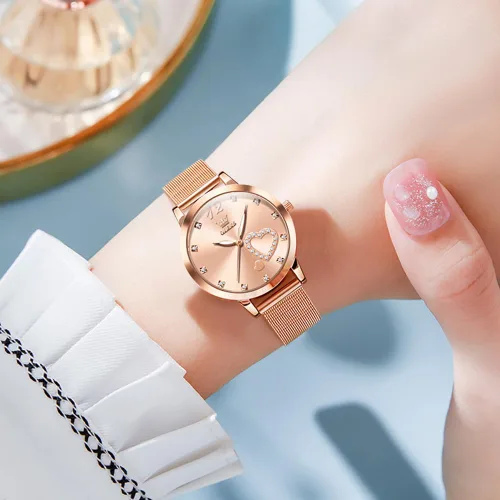 Miniatura 3 de OLEVS Relojes para mujer, correa de malla de oro rosa, vestido de moda, cuarzo japonés, impermeable, luminoso, para mujer, conjunto de pulseras
