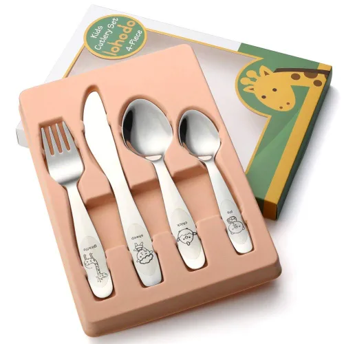 Juego de cubiertos para niños pequeños de acero inoxidable 18/8, 4 piezas, tenedor, cuchara y cuchillo, cubiertos para niños a partir de 3 años