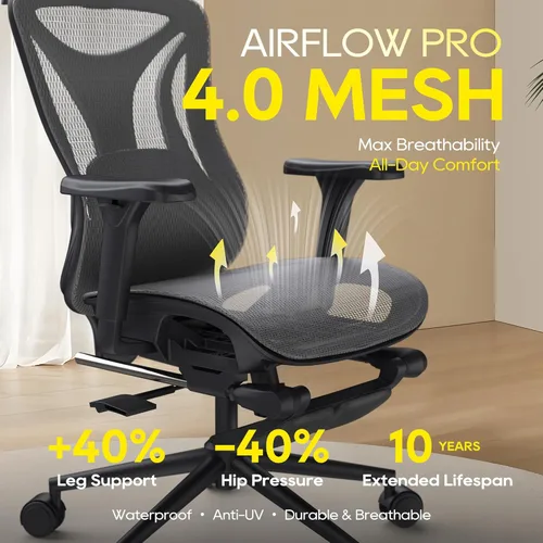 Miniatura 7 de CYKOV Silla de oficina ergonómica con reposapiés, soporte lumbar ajustable y reposacabezas, silla de computadora reclinable de malla de 90-160°