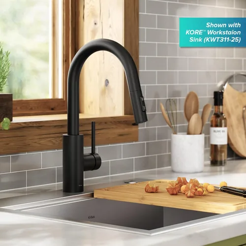 Miniatura 3 de KRAUS Oletto - Grifo de cocina extraíble con un solo mango con ensamble de montaje superior QuickDock en negro mate, KPF-2620MB