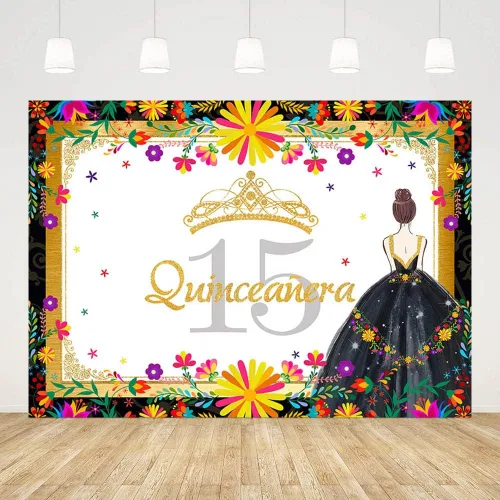 Miniatura 3 de AIBIIN Telón de fondo de quinceañera de 7 x 5 pies con temática mexicana de cumpleaños 15 para niñas, fondo de fotografía de princesa negro y dorado