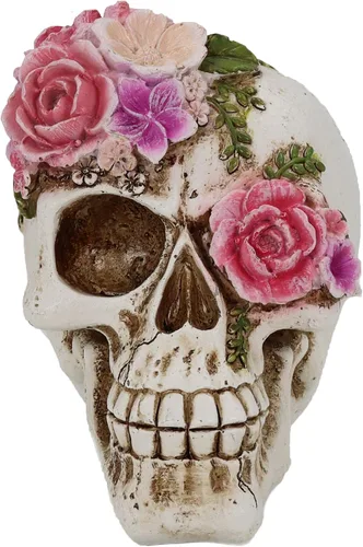 Estatua de calavera para decoración del hogar, flores con esculturas de resina de cabeza de calavera, regalos espeluznantes para mujeres,