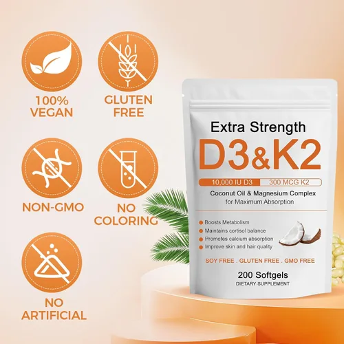 Miniatura 9 de Vitamina D3 K2 de 10000 UI, extra fuerte Wellness D3K2 con triple magnesio y aceite de coco para una máxima absorción, apoya la salud ósea e