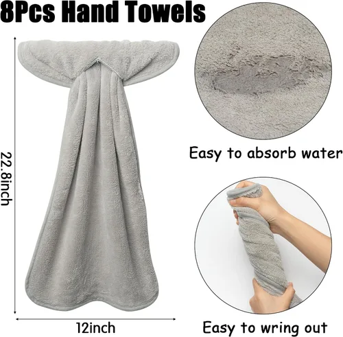 Miniatura 2 de R HORSE 8 piezas de toalla de mano colgante con lazo, gris absorbente de lana de coral para baño, paño de cocina suave y grueso decorativo de secado