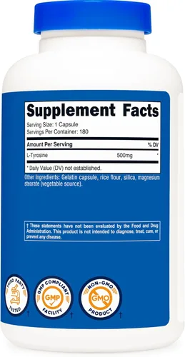 Miniatura 5 de Nutricost L-Tirosina 500 mg, 180 cápsulas - Sin gluten y sin OMG