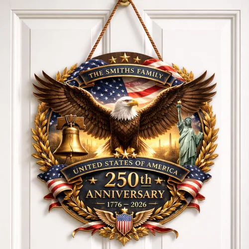 Miniatura 15 de NAZENTI Letrero personalizado para puerta del 4 de julio con nombre familiar, coronas de puerta personalizadas para 250 aniversario de Estados