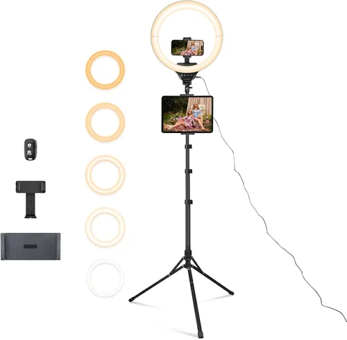 Miniatura 9 de Aureday - Anillo de luz para selfie de 14 pulgadas con soporte para trípode de 62 pulgadas y soporte para teléfono, anillo de luz LED regulable