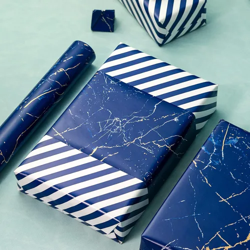 Miniatura 7 de WRAPAHOLIC Papel de regalo reversible, mini rollo, 17 pulgadas x 33 pies, diseño de mármol azul con rayas para cumpleaños, vacaciones, bodas, baby