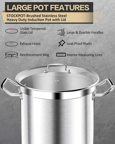 Miniatura 6 de STOCKPOT Olla de acero inoxidable de 20 cuartos de galón con tapa de vidrio templado, base de 3 capas, 8.8 libras, acabado pulido, adecuada