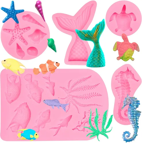 Miniatura 11 de Moldes de chocolate de pescado, tiburón marino, coral, moldes de silicona para dulces, moldes para hornear fondant con temática de mar