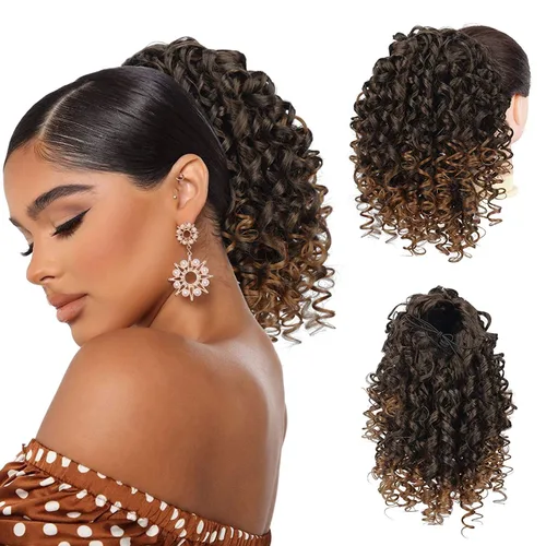 Miniatura 7 de PEACOCO Extensión de cola de caballo rizada con cordón para mujeres negras - Cola de caballo de 6 pulgadas con clip, postizo sintético de afro corto