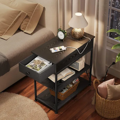 Miniatura 7 de WLIVE Mesa auxiliar estrecha con 2 puertos USB y 2 tomacorrientes, mesa auxiliar negra con cajón y estantes de almacenamiento, mesita de noche