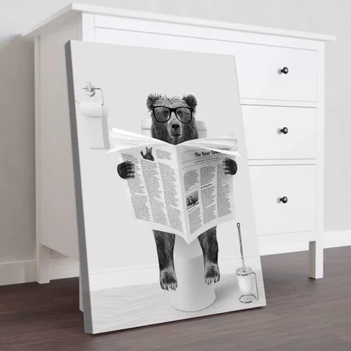 Miniatura 6 de Decoración de Arte de Pared en Blanco y Negro – Oso con Gafas Sentado en el Inodoro Leyendo Periódico, Impresiones en Lienzo, Imágenes de Animales