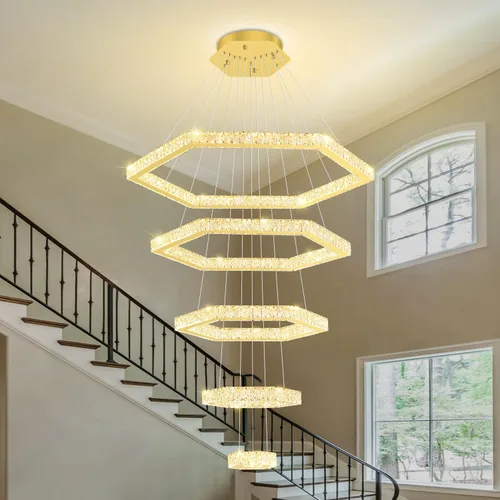 Miniatura 6 de Lámpara de araña moderna de 5 anillos de oro larga de cristal para techo alto, forma de altura ajustable, regulable 8 pulgadas + 16 pulgadas + 24