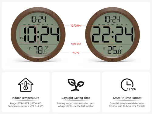 Miniatura 5 de Reloj de pared digital con fecha, temperatura interior, DST automático, reloj digital a batería, reloj de pared pequeño de madera decorativo de 8