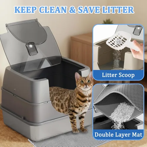 Miniatura 7 de Caja de arena cerrada para gatos con tapa abatible, caja de arena grande cubierta de acero inoxidable, bandeja de arena de metal de alta cara