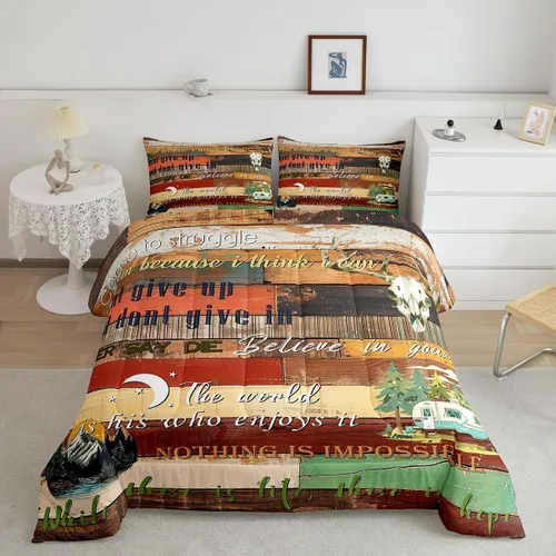 Miniatura 9 de Juego de ropa de cama de campamento para niños, tamaño individual, juego de edredón de gnomos kawaii para niños y niñas, edredón vintage de madera