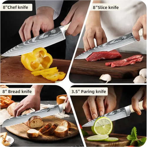 Miniatura 5 de Dfito Juego de cuchillos de chef con bolsa de rollo, juego de 9 cuchillos profesionales con afilador, juego de cuchillos de cocina de acero Beige