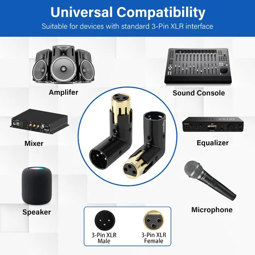 Miniatura 5 de Adaptador XLR ajustable de 3 pines en ángulo recto, paquete de 4 – conector de metal resistente chapado en oro de 90 grados macho a hembra, extensor