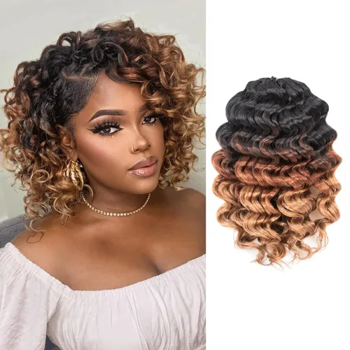 Miniatura 21 de Cabello de ganchillo con ondas oceánicas, 12 pulgadas, 8 paquetes de 3 tonos, cabello rizado de longitud media, rizado y ondulado profundo