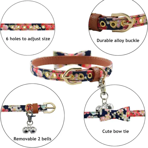 Miniatura 2 de Juego de collar y correa de perro con pajarita, 3 unidades, diseño a cuadros, camuflaje, puntos, flores, bandanas con campana, 3 tamaños ajustables