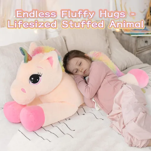 Miniatura 3 de Tezituor Juguetes de unicornio de peluche de 32 pulgadas, animales de unicornio gigante beige de peluche, encantadoras decoraciones de peluche