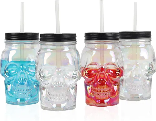 Miniatura 5 de Servette Home Vaso de 18 onzas con popote reutilizable y tapa a prueba de fugas, vaso de calavera de cristal, iridiscente
