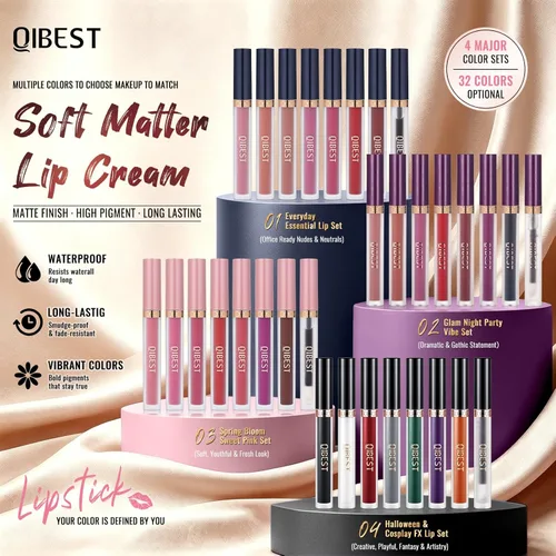 Miniatura 8 de QiBest 7 piezas de lápiz labial líquido mate y 1 pieza de set de maquillaje para labios voluminizadores, set de maquillaje de labios pigmentado