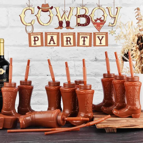 Miniatura 3 de ALINK Copas de botas de vaquero con pajitas y tapas, 12 tazas de vaquero de 10 onzas para fiesta infantil para fiestas temáticas de rodeo