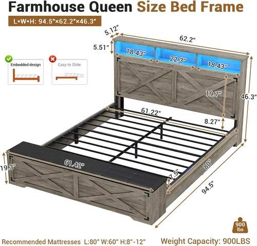 Miniatura 2 de Hasuit - Marco de cama tamaño Queen con otomana de almacenamiento, marco de cama estilo granja con estación de carga y luz LED, cabecera con estante