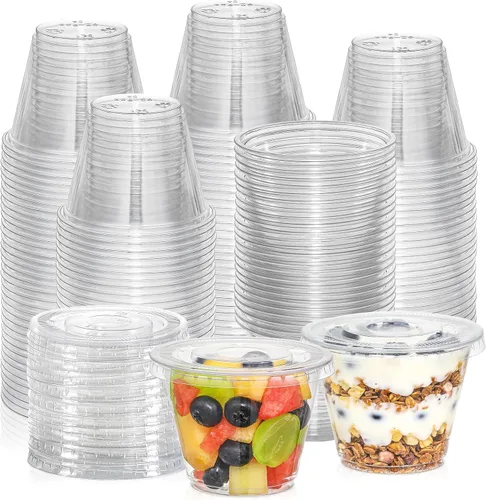 AOZITA [50 juegos, vasos de plástico transparente de 9 onzas con tapas planas sin agujero, vasos desechables con tapas para helado, pudín, pastel,
