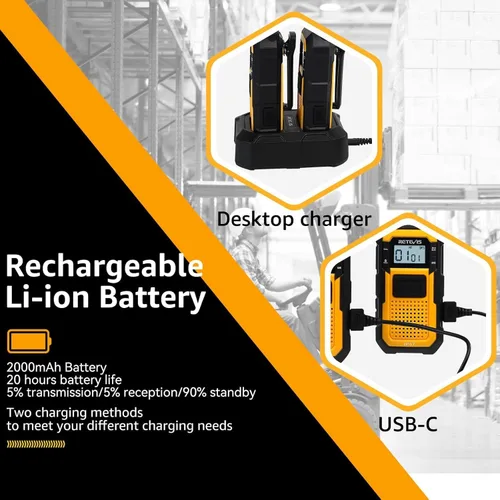 Miniatura 5 de Retevis RB48 Walkie Talkies de largo alcance, radio de 2 vías con micrófono de hombro, IP67 impermeable, 2000 mAh, recordatorio de vibración