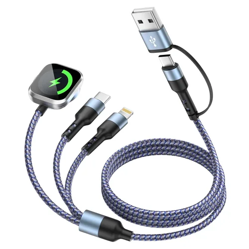 Miniatura 16 de Cable de Carga Múltiple para Cargador de Apple Watch, 4 en 1 Cable Cargador de Teléfono USB A/C con Doble Tipo-C/IP, Cable Magnético iWatch de Nylon