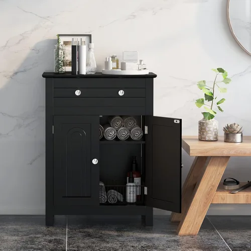 Miniatura 2 de COSTWAY Armario de suelo de baño, organizador de almacenamiento lateral de madera con cajón más grande, estante ajustable y armario de 2 puertas