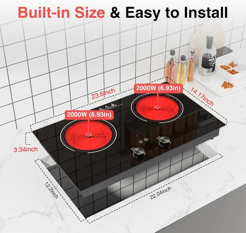 Miniatura 2 de Placa de cocina eléctrica de 2400 W: estufa eléctrica de 24" de 2 quemadores, placa caliente de doble quemador, GTKZW control de perilla para Placa