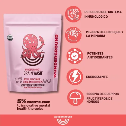 Miniatura 3 de Wunderground Brain Wash - Polvo orgánico superboost de hongos para café, té y agua, Cordyceps, melena de león, chaga y hongos adaptogénicos Reishi