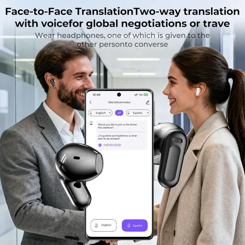 Miniatura 4 de NE20 Auriculares de traducción AI en 135 idiomas en tiempo real de 2 vías con traductor de voz, Bluetooth 6.0 comodidad de oído abierto, música
